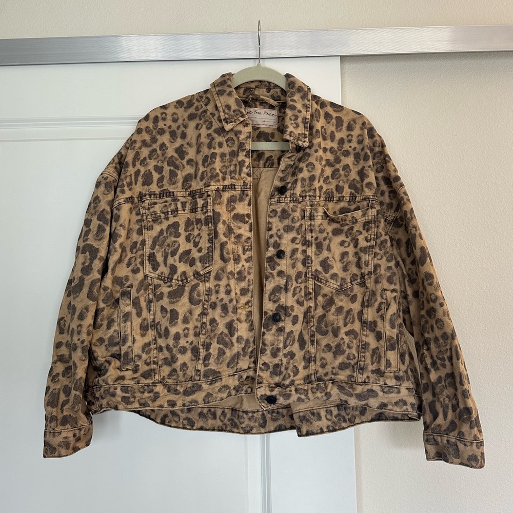 Free People Opal Swing Leopard Print Denim Jacket